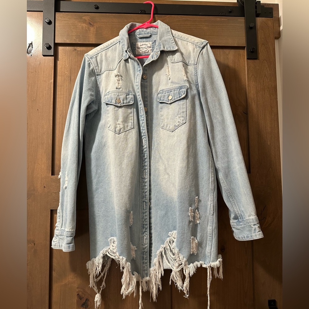 American Bazi Frayed Hem Distressed Denim Shirt Jacket